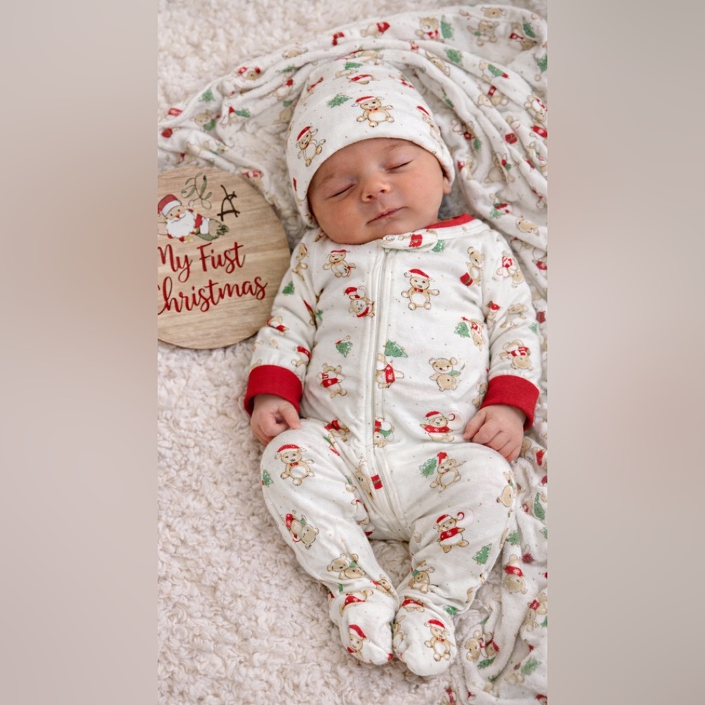 NWT! Baby Holiday Footed Pajamas - White with Red Trim and Festive Teddy Print